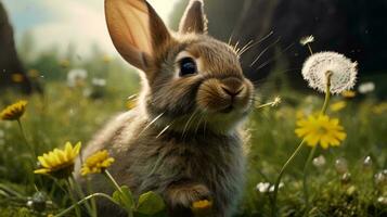 a rabbit in a field of flowers AI Generated photo