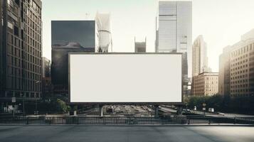 un grande blanco edificio con un grande blanco pantalla en un ciudad ai generado foto