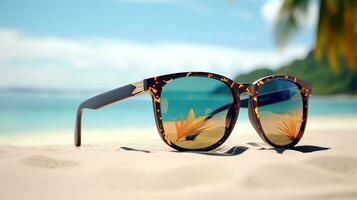 a pair of sunglasses on a beach AI Generated photo