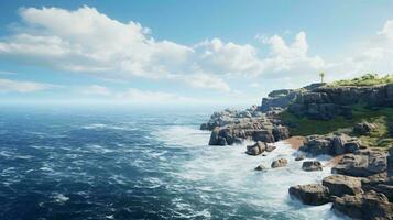 a rocky beach with a body of water and a hill with trees AI Generated photo