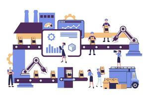 production mechanism, smart industry, worker are connected with colaboration flat style illustration vector