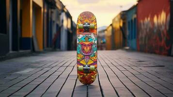 a skateboard on a brick road AI Generated photo