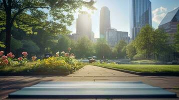 a view of a park with trees and buildings in the background AI Generated photo