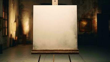 a white rectangular object with a wooden frame in a room with a wood bench AI Generated photo