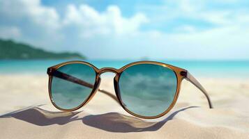 a pair of sunglasses on a beach AI Generated photo