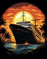 This is a view of a vintage sunset and a cruise ship design in front of it photo