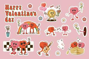 Set of stickers with Valentine's Day. Retro characters in groovy animation style. Disco with romantic atmosphere. Trendy retro style of the 90's. Y2K. vector