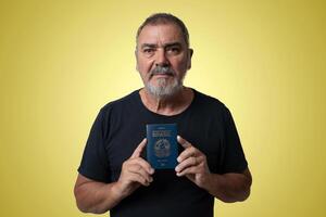 Portrait of a Mature Man with Beard on Yellow Background photo