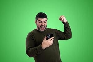 Happy Adult Holding Conversation in Colored Background Studio photo