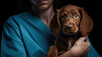 cropped shot of veterinarian holding Irish setter puppy in clinic, focus on dog. AI Generated photo