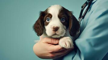 cropped shot of veterinarian holding puppy spaniel in clinic, focus on dog. AI Generated photo