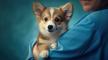 cropped shot of veterinarian holding great corgi terrier puppy in clinic, focus on dog. AI Generated photo