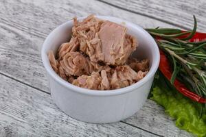 Tasty canned tuna fish in the bowl photo