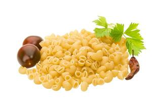 Raw macaroni isolated on white background photo