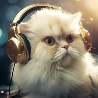 AI Generative of a cat wearing headphones. Its furry ears snugly fit under the headphones, suggesting it's enjoying some music or perhaps just adding a touch of whimsy to its feline charm photo