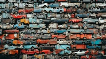 AI Generative of piled wrecked cars in a junkyard, twisted metal, shattered glass, rusted frames, a graveyard of automotive history. photo