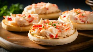 AI Generative of a crab melts English muffin features succulent crabmeat mixed with creamy cheese, toasted on a muffin, creating a mouthwatering seafood delicacy. photo