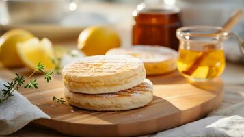AI Generative of a homemade English muffin is a freshly baked delight. Its golden-brown exterior gives way to a fluffy and soft interior, perfect for spreading butter or jam, making for a tasty treat photo