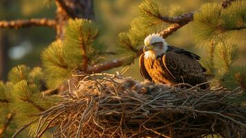 AI Generative of majestic eagle perched high, watching over her fluffy chicks nestled in a sturdy nest, mountains in the backdrop, a picture of parental care. photo