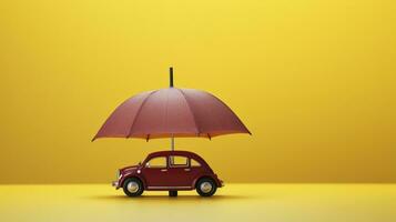 AI Generative of the umbrella and toy car signify vehicle insurance, protecting your car like an umbrella shields from rain, securing against unexpected damages and costs. photo