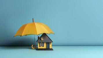 AI Generative of the image of an umbrella and a toy house symbolizes property insurance, safeguarding your home and belongings from unexpected storms and losses. photo
