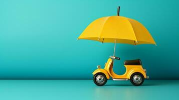 AI Generative of the umbrella and toy bike signify vehicle insurance, protecting your car like an umbrella shields from rain, securing against unexpected damages and costs. photo