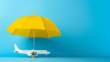 AI Generative of the umbrella and toy plane represent travel insurance, safeguarding your trips like an umbrella shields from rain, covering you against unexpected travel hiccups and expenses. photo