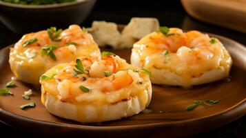 AI Generative of English muffin cheesy shrimp meltaways are savory delights. Juicy shrimp and gooey cheese top toasted muffins, creating a scrumptious seafood treat. photo