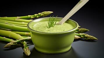 AI Generative of Asparagus soup, a vibrant green bowl of pure comfort, smooth and flavorful photo