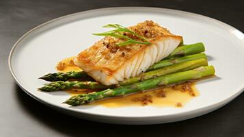 AI Generative of Crispy Miso-Butter Fish with Asparagus, a balance of flavors and textures. photo