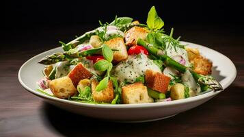 AI Generative of Asparagus panzanella, tossed in a tangy vinaigrette, creating a flavorful and refreshing salad. photo