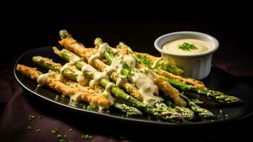 AI Generative of Asparagus fries seasoned and paired with creamy baconnaise, creating a mouthwatering delights. photo