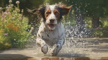 AI Generative of a joyful wet dog, splashing in water, eyes gleaming with happiness, fur drenched and glistening under the sun, tail wagging in pure delight. photo