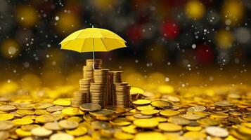 AI Generative of an umbrella and coins symbolize insurance, like a shield against unexpected expenses, keeping your finances safe and dry when life rains down challenges. photo