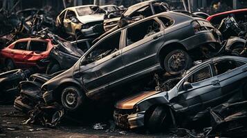 ai generativo de apilado destrozado carros en un depósito de chatarra, retorcido metal, destrozado vaso, oxidado marcos, un cementerio de automotor historia. foto