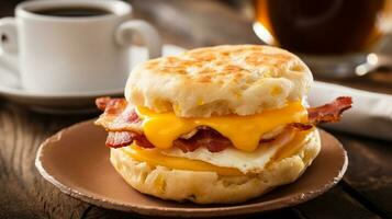 AI Generative of a mouthwatering English muffin sandwich features crispy bacon, a perfectly cooked egg, and smoky gouda cheese. A savory, satisfying breakfast delight. photo