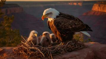 AI Generative of majestic eagle perched high, watching over her fluffy chicks nestled in a sturdy nest, mountains in the backdrop, a picture of parental care. photo