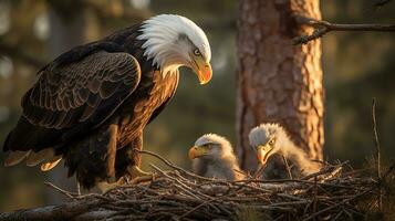 AI Generative of majestic eagle perched high, watching over her fluffy chicks nestled in a sturdy nest, mountains in the backdrop, a picture of parental care. photo