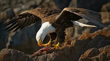 AI Generative of on a mountain peak, a fierce eagle rips into meat with powerful talons, eyes keen, showcasing its predatory prowess against the rugged terrain. photo