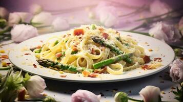 AI Generative of Vegetarian carbonara with asparagus, creamy pasta coated in sauce, with green spears of asparagus photo