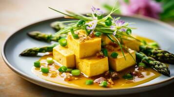 AI Generative of Miso polenta with spring vegetables, asparagus, and tofu, flavorful plant-based masterpiece. photo