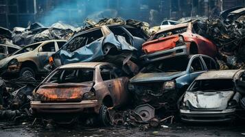 AI Generative of piled wrecked cars in a junkyard, twisted metal, shattered glass, rusted frames, a graveyard of automotive history. photo