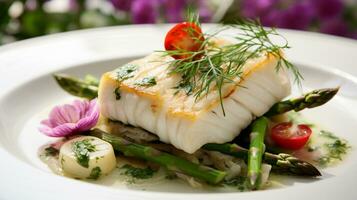 AI Generative of Cod with Asparagus Salad, showcasing a harmonious blend of flavors that's satisfying. photo