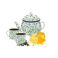 ilustración logo de javanés té con rock azúcar y blirik tetera y blirik jarra vector