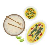 logo ilustración de papada con lado platos de vegetales y pescado en amarillo salsa vector