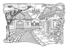 Street in the romantic old town. Coloring page. Vector illustration.