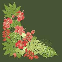 Botanical corner pattern with tropical plants. Leaves and flowers. Vector. vector