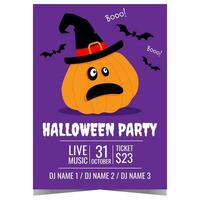 Halloween party invitation with scared pumpkin in witch hat and black bats on blue background. Vector Halloween celebration poster, banner or flyer to invite friends for entertainment event.
