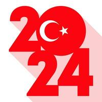 Happy New Year 2024, long shadow banner with Turkey flag inside. Vector illustration.