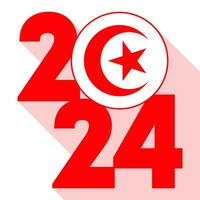 Happy New Year 2024, long shadow banner with Tunisia flag inside. Vector illustration.